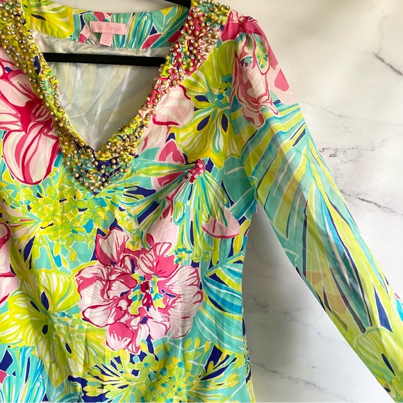 Lilly Pulitzer Saemus Dress Schooner Blue Land Escape Beaded Rhinestone Neckline - Picture 4 of 8